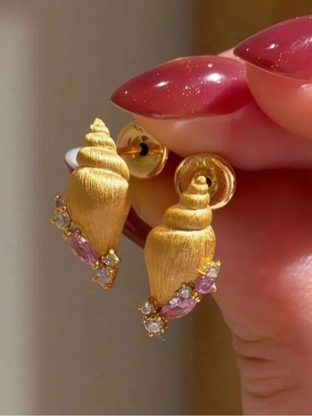 Gold Shell Drop Earrings with Pink Crystal Accents A2052